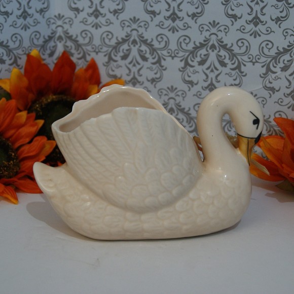 VTG 1987 Enesco Swan Planter w/ Ribbon Lace Rose Retro Style White Pink - Picture 4 of 9